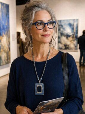 Midnight Blue/Silver Rectangular Pendant Multiple Strand Beads 14" Necklace